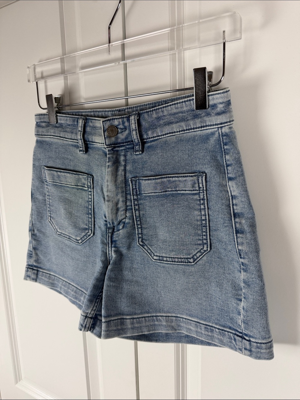 FAHERTY Stretch Terry Patch Pocket Light Blue High-Rise Denim Shorts - Picture 4 of 8